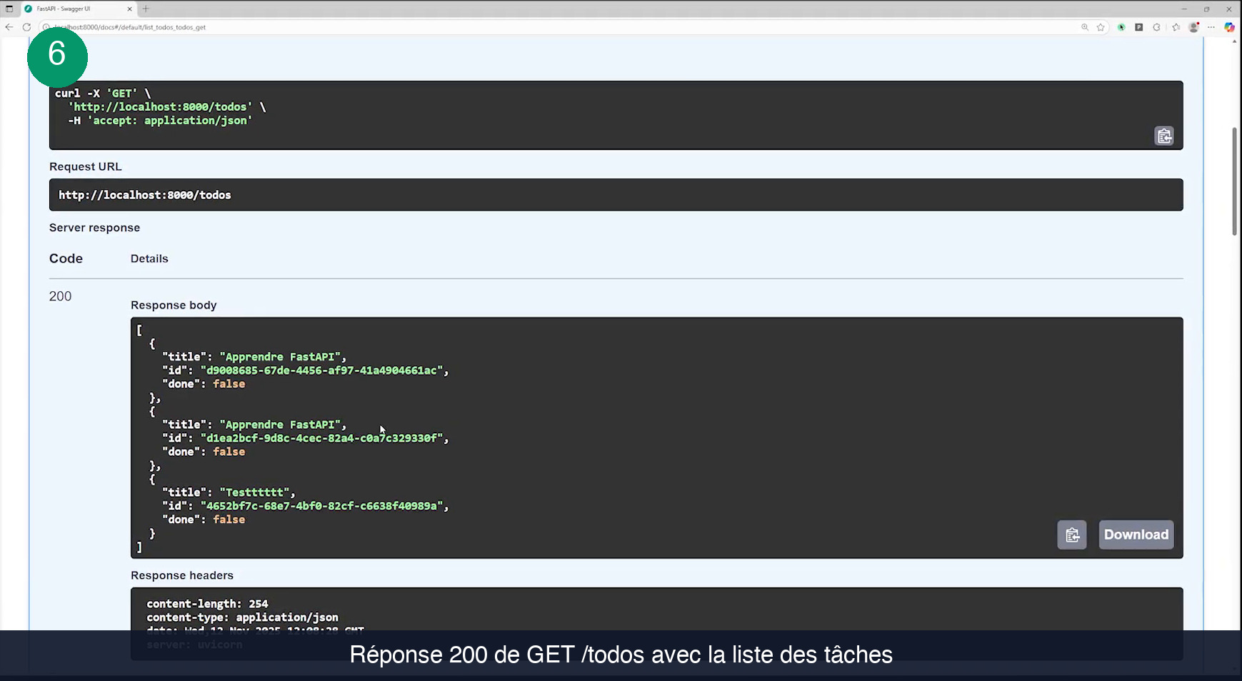 Réponse de la requête GET sur /todos dans Swagger : commande curl équivalente, Request URL http://localhost:8000/todos, code 200 et corps de réponse listant trois tâches avec leur title, leur id au format UUID et done à false