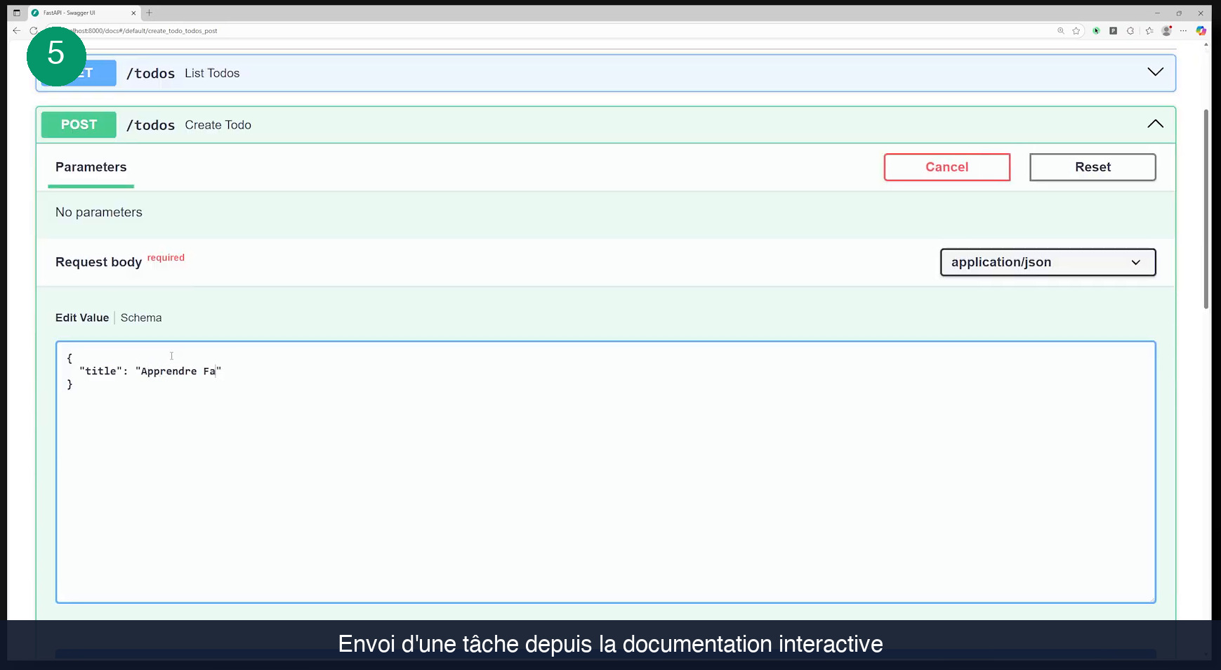 Interface Swagger de FastAPI sur localhost:8000/docs, bloc POST /todos Create Todo déplié, avec le corps de requête au format application/json contenant le champ title en cours de saisie et les boutons Cancel et Reset