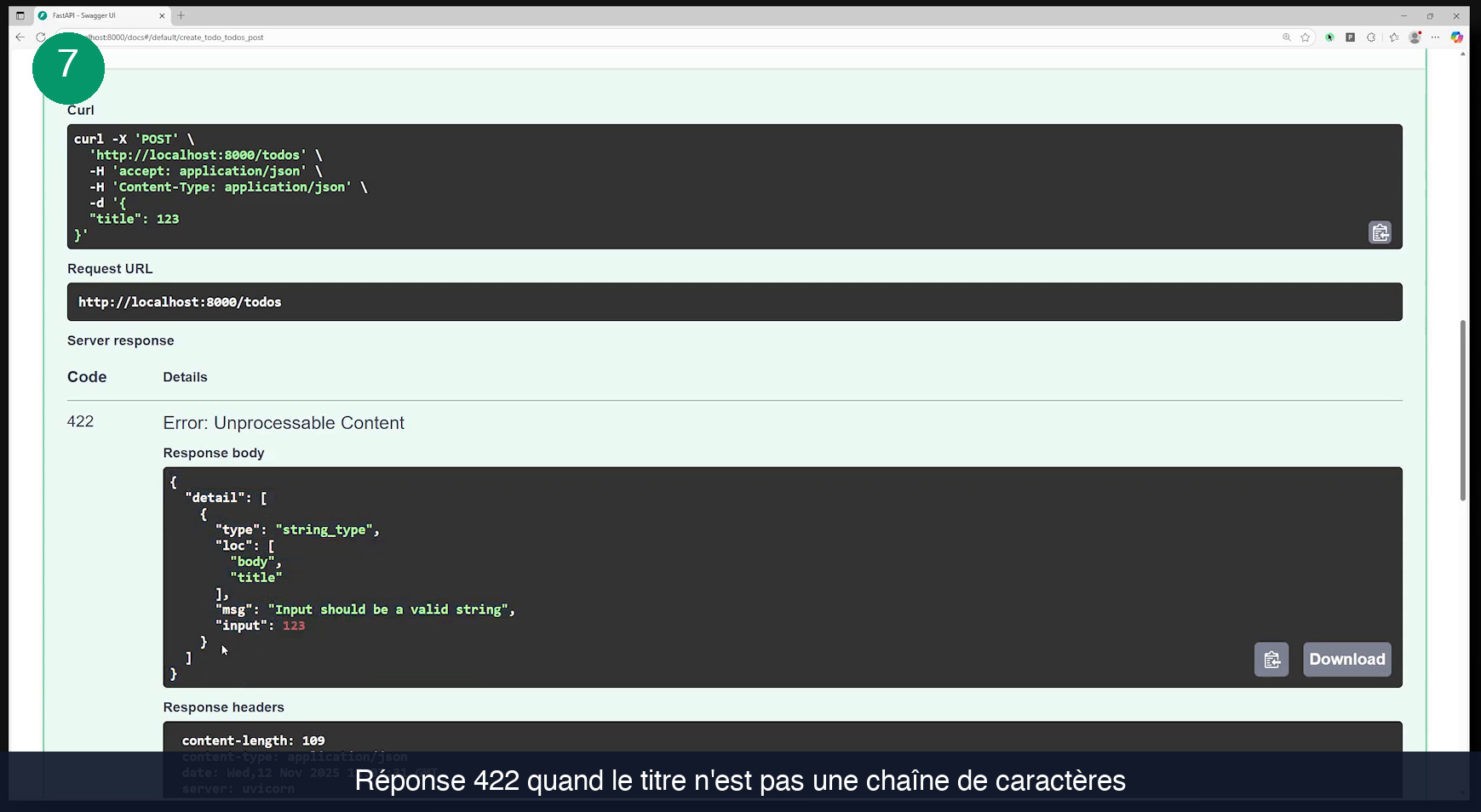 Réponse d’erreur dans Swagger après l’envoi d’un titre numérique : commande curl avec title 123, code 422 Error Unprocessable Content et corps de réponse détaillant le type string_type, la localisation body title et le message Input should be a valid string