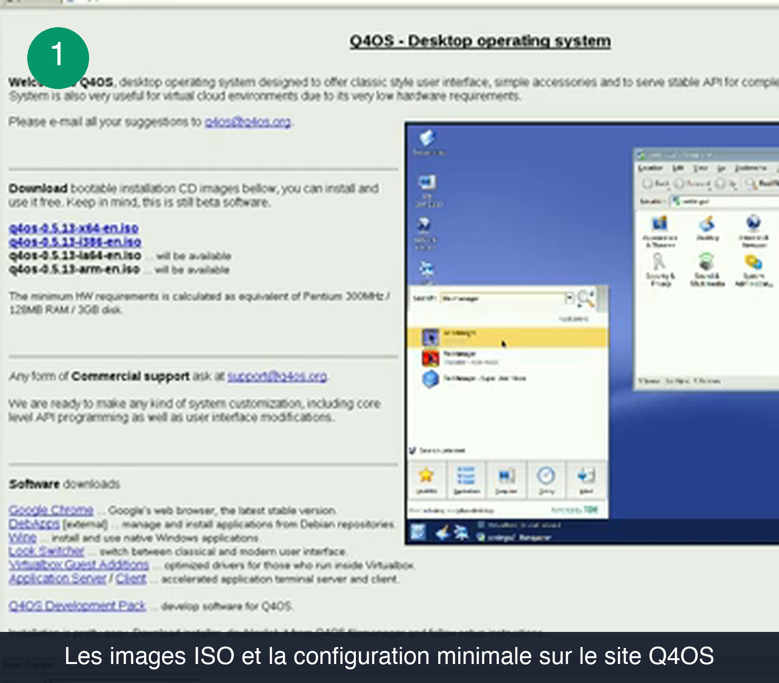 Page Q4OS - Desktop operating system affichée dans le navigateur Konqueror, avec le paragraphe de bienvenue, les liens vers les images q4os-0.5.13-x64-en.iso et q4os-0.5.13-i386-en.iso, la mention de la configuration minimale Pentium 300MHz 128MB RAM 3GB disk, et la liste des logiciels téléchargeables