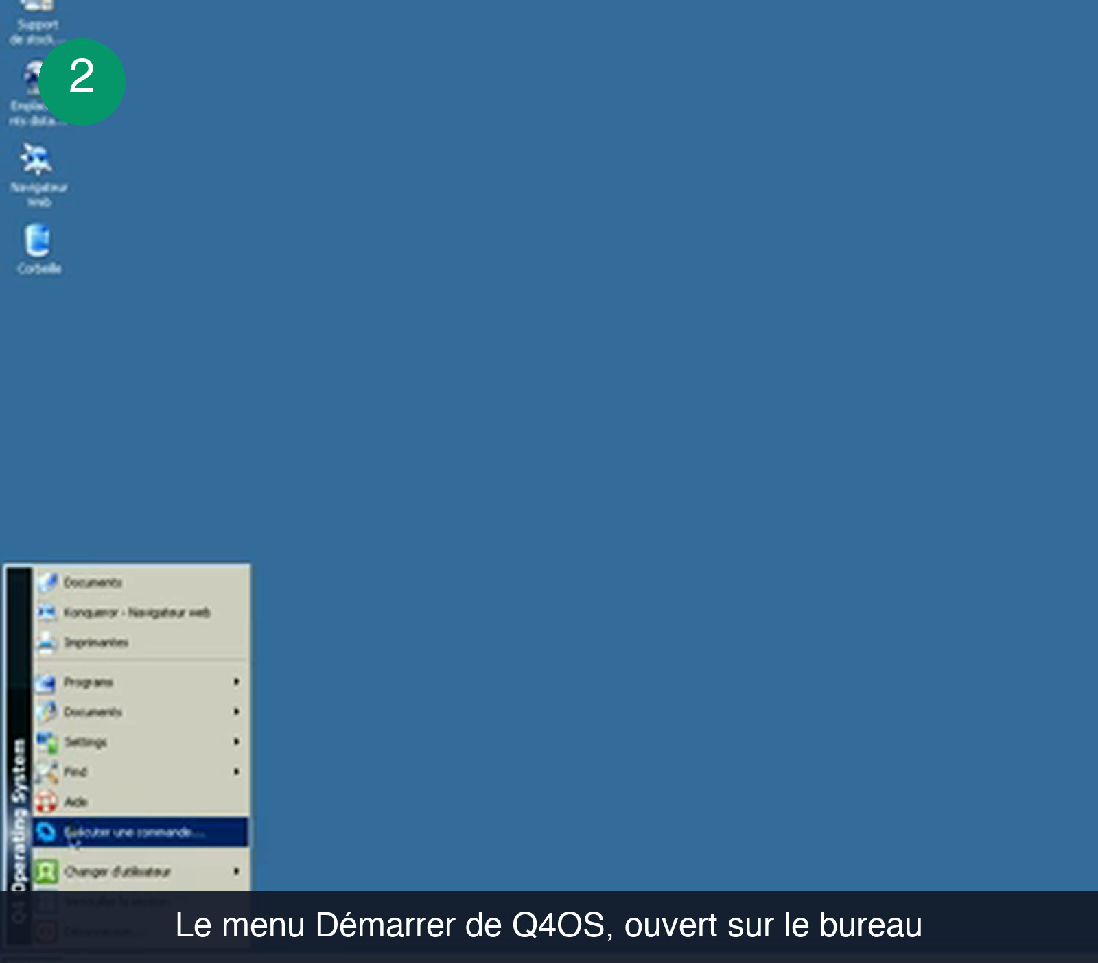 Bureau Q4OS au fond bleu avec les icônes Support de stockage, Emplacements distants, Navigateur web et Corbeille alignées à gauche, et le menu principal ouvert affichant Documents, Konqueror - Navigateur web, Imprimantes, Programs, Documents, Settings, Find, Aide, Exécuter une commande, Changer d'utilisateur, Verrouiller la session et Déconnexion