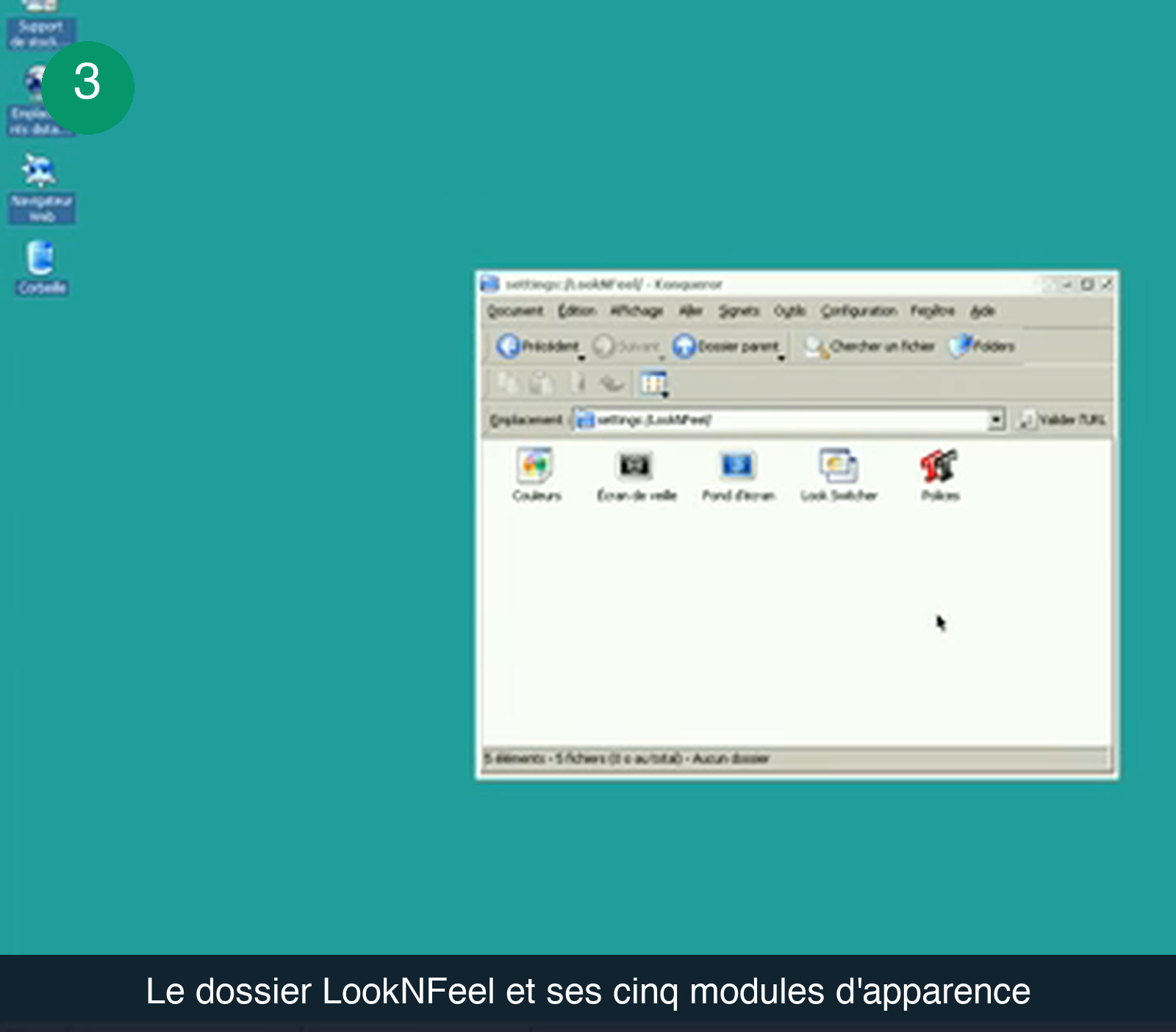 Fenêtre Konqueror ouverte sur l'adresse settings:/LookNFeel/ affichant cinq icônes intitulées Couleurs, Écran de veille, Fond d'écran, Look Switcher et Polices, avec la barre d'état indiquant 5 éléments et 5 fichiers