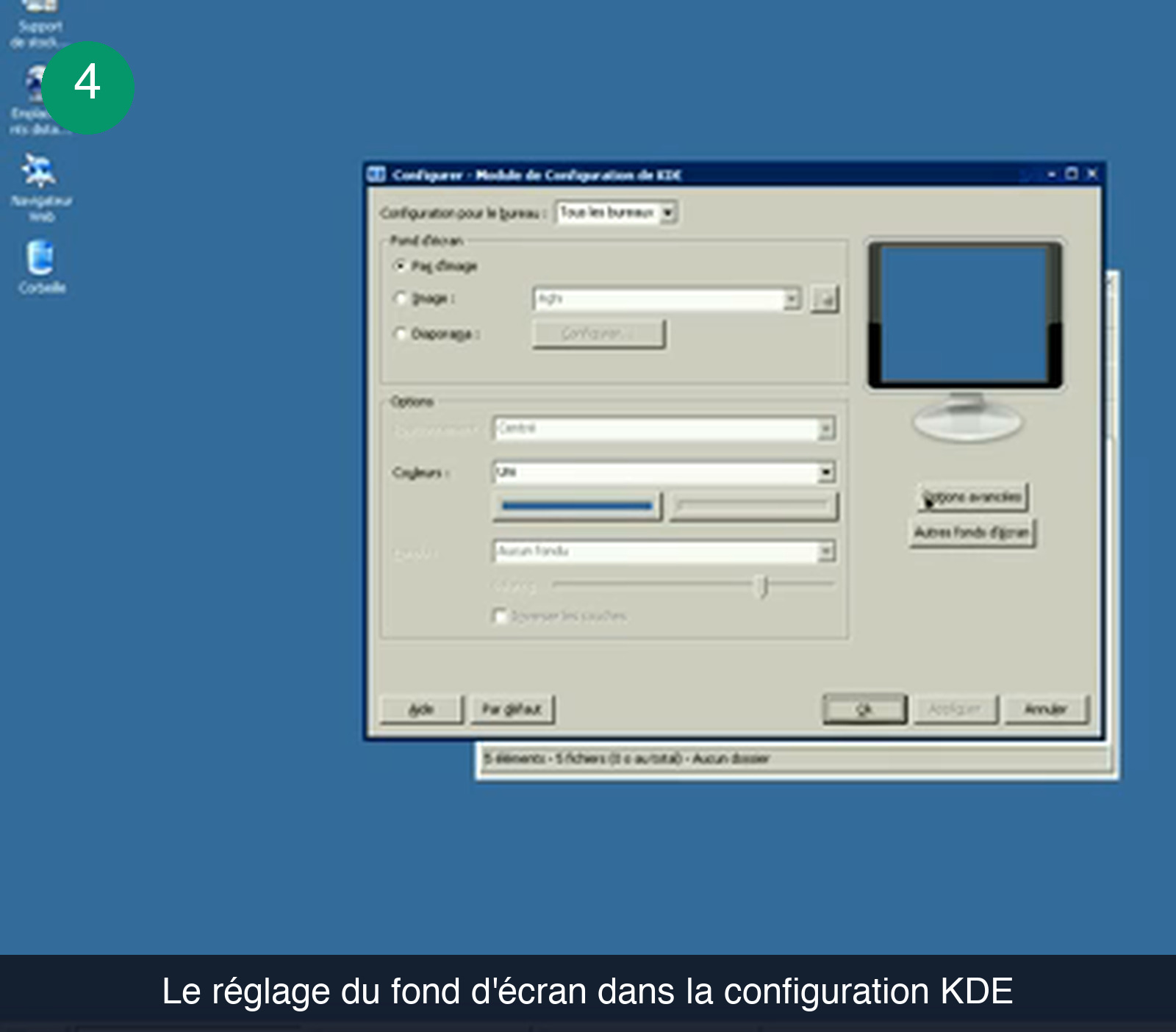 Module de configuration KDE ouvert sur le fond d'écran, avec le sélecteur Configuration pour le bureau réglé sur Tous les bureaux, les options Pas d'image, Image et Diaporama, les réglages de positionnement, de couleurs et de fondu, un aperçu en forme de moniteur et les boutons Aide, Par défaut, Ok, Appliquer et Annuler