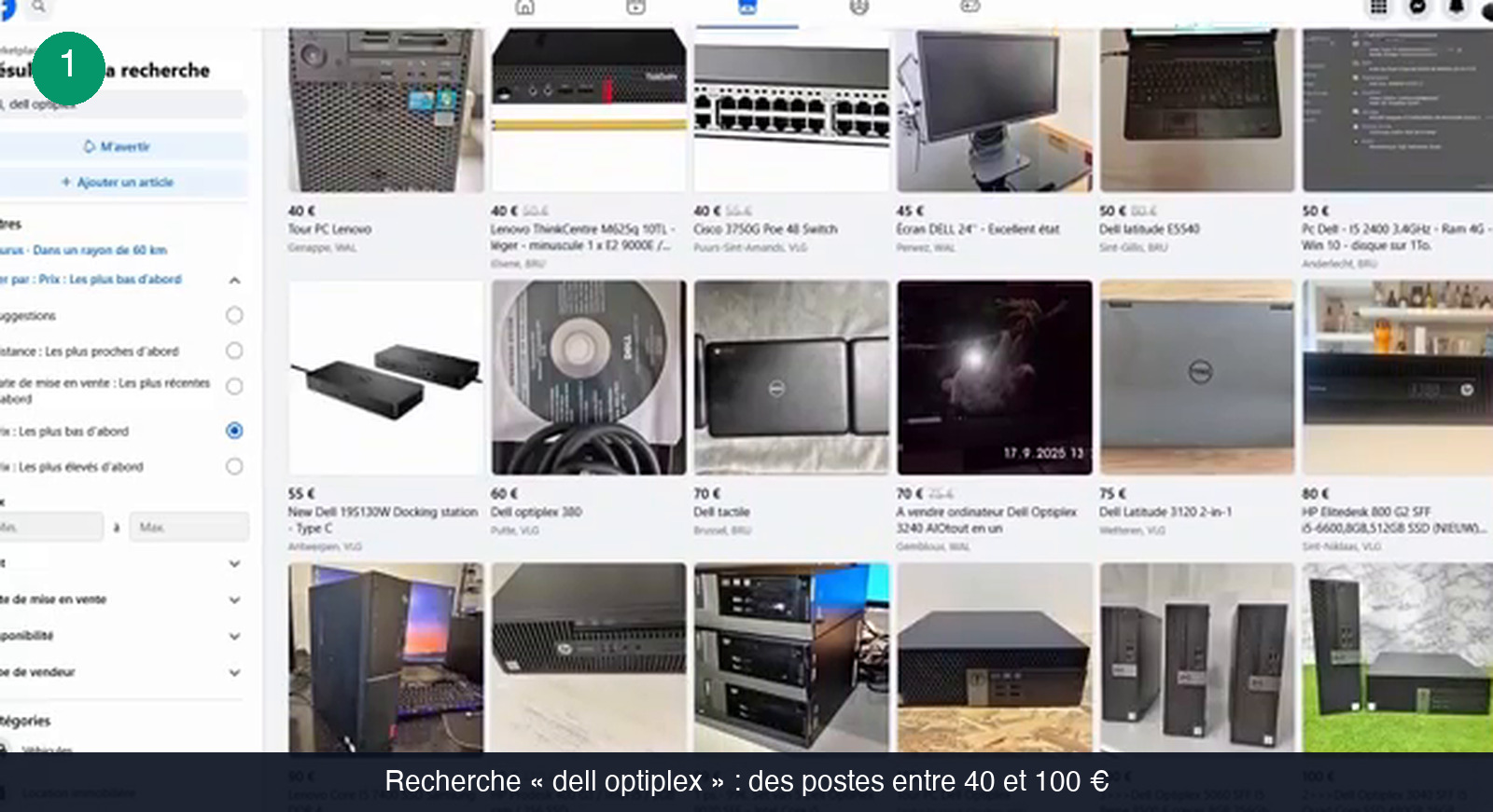 Page de résultats d’une plateforme d’annonces pour la recherche dell optiplex, triée par prix les plus bas, avec des tours et mini-PC affichés entre 40 € et 100 € accompagnés de leur ville