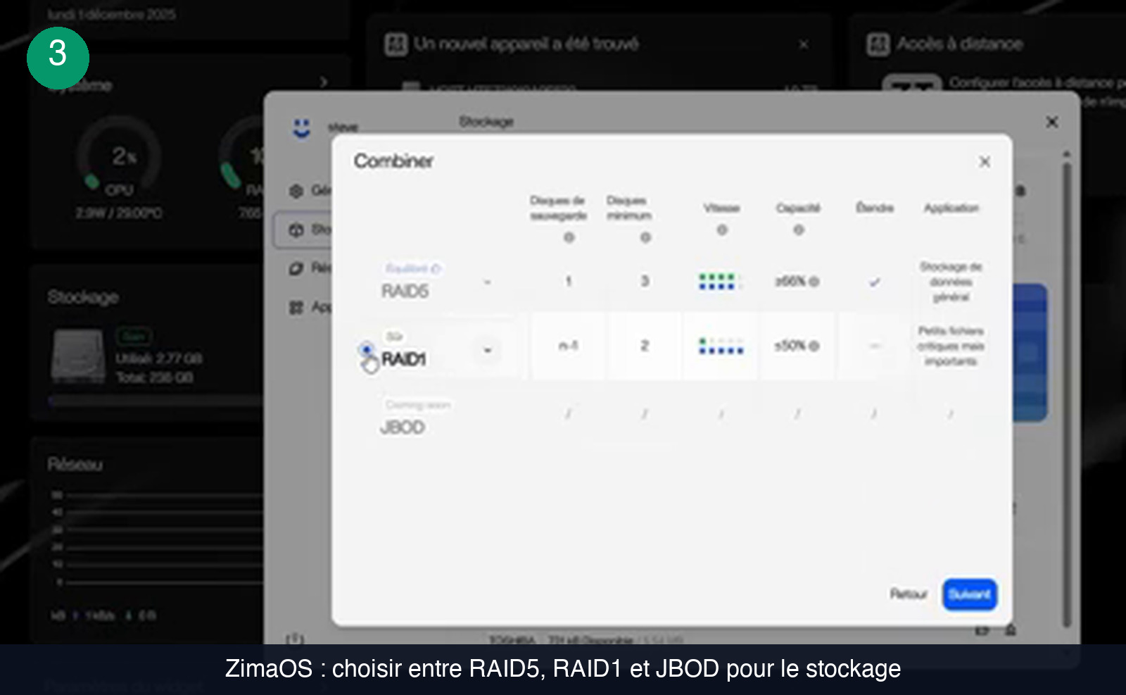 Fenêtre Combiner de l’assistant de stockage ZimaOS comparant RAID5, RAID1 et JBOD selon le nombre de disques de sauvegarde, le nombre de disques minimum, la vitesse, la capacité utile et l’usage recommandé