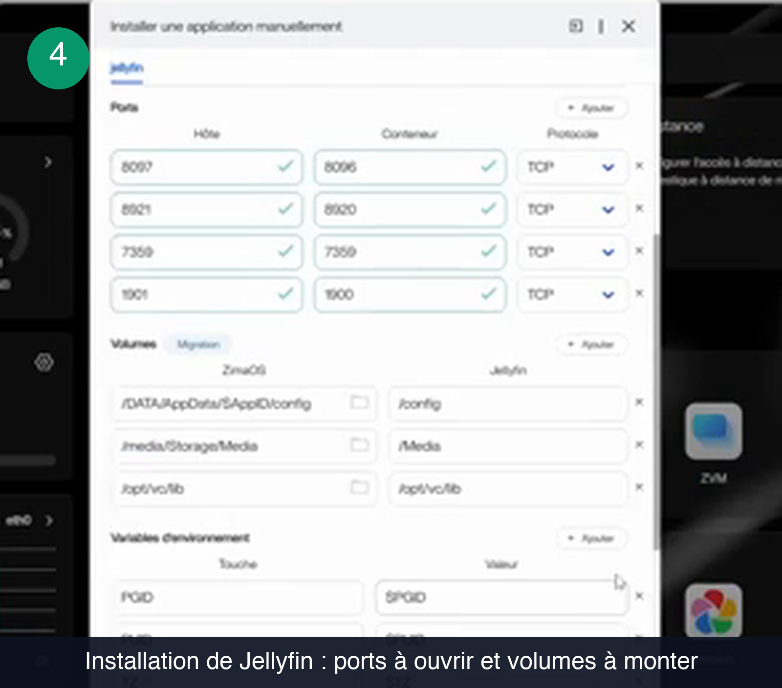Formulaire d’installation manuelle d’une application dans ZimaOS pour jellyfin, montrant la table des ports avec 8097 vers 8096, 8921 vers 8920, 7359 vers 7359 et 1901 vers 1900 en TCP, puis la table des volumes reliant les dossiers de la machine à ceux du conteneur