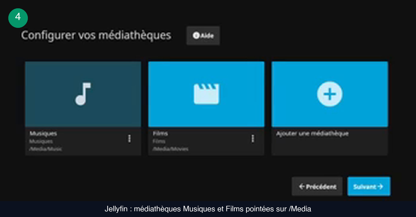 Écran Configurer vos médiathèques de l’assistant Jellyfin, affichant une médiathèque Musiques pointée sur /Media/Music, une médiathèque Films pointée sur /Media/Movies et une tuile Ajouter une médiathèque